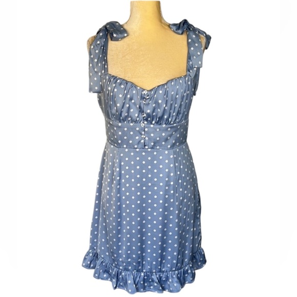 BRIDGE DRESS PERIWINKLE BLUE AND WHITE POLKADOTS NWT SIZE M SHOULDER TIES - Picture 1 of 17